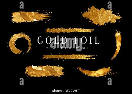 Luxury gold foil metallic texture set with brush strokes paint elements and gold leaf texture isolated on black background for elegant decorative desi Stock Vector
