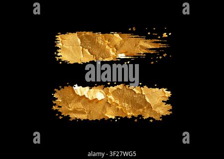 Luxury gold foil brush stroke collection isolated on black background with metallic texture cracked edges and elegant decorative design elements Stock Vector