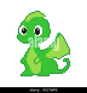 Cute pixel art dinosaur in 8-bit style on white background. Stock Vector