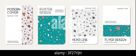 Notepad cover design. Terrazzo abstract background made of natural stones, granite, quartz and marble. Venetian terrazzo texture notepad cover template. Stock Vector