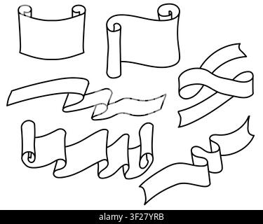 Scrolls and rolls of paper, black and white sketch. Vector illustration. A simple linear drawing of a papyrus or manuscript, isolated on a white backg Stock Vector