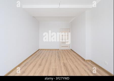 empty room with white walls, light brown wood-look flooring, and a white door with frosted glass panels Stock Photo
