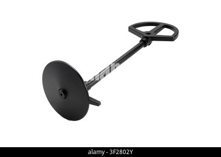 3d rendering of a black metal detector featuring a telescoping shaft and a flat search coil, viewed from a rear three-quarter perspective. Stock Photo
