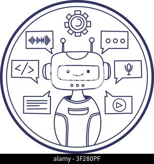 Cute Robot Chatbot AI Assistant in Circular Frame. Line Art. Friendly Chat Widget, Multi-Channel Communication, Virtual Support and No-Code Integratio Stock Vector