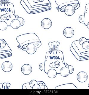 Seamless Pattern Sustainable Laundry Care Items. Outline Wool Dryer Spheres, Folded Towels, and Packaging with Sheep on White Background. Hand Drawn D Stock Vector