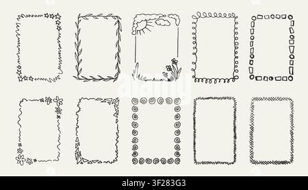Hand drawn rectangle frames collection. Black borders with doodle scribbles. Funny crayon frame vector set Stock Vector