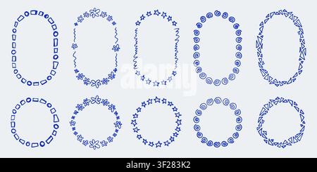Funny doodle round frames set. Blue hand drawn oval and circle borders collection Stock Vector
