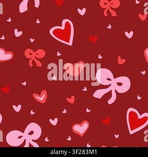 Seamless pattern with doodle bows and heart shapes. Stock Vector