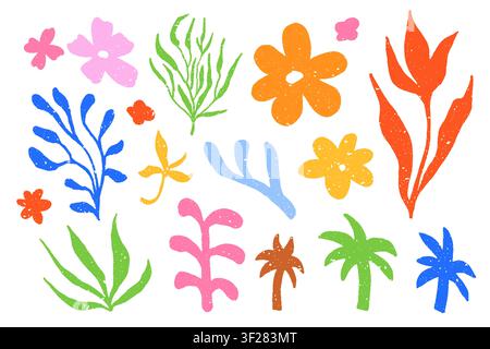 Funny doodle floral shape set. Hand drawn cute childish flowers, palms, leaves and branches with trendy texture Stock Vector