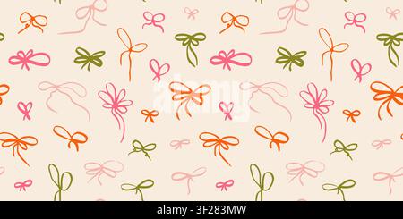 Seamless pattern with doodle coquette bows. Whimsical free hand gift ribbons Stock Vector