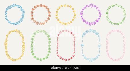 Funny doodle round frames set. Colorful hand drawn oval and circle borders collection Stock Vector