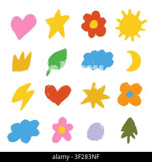 Cute crayon drawings icon set. Doodle chalk heart, sun, star, flower, crown, cloud, leaf Stock Vector