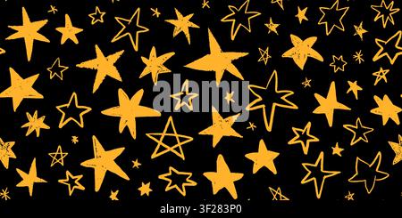 Crayon doodle star seamless pattern. Background with yellow textured twinkle sparks Stock Vector