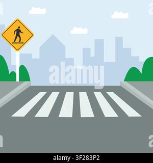 Flat vector illustration of a pedestrian crossing sign and zebra crosswalk in an urban setting, ideal for road safety, traffic, transportation, and ci Stock Vector
