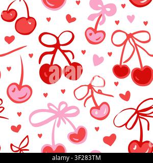 Doodle cherry and coquette bow seamless pattern. Background with cute girly berry and ribbons. Stock Vector