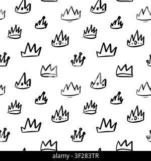 Crayon doodle crown seamless pattern. Hand drawn queen or king crowns background Stock Vector