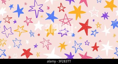 Crayon color star seamless pattern. Background with textured twinkle sparks Stock Vector