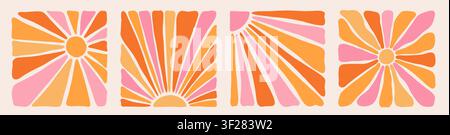 Funny retro sun patterns. Groovy sunburst collection. Organic doodle shapes in vintage colors. Stock Vector