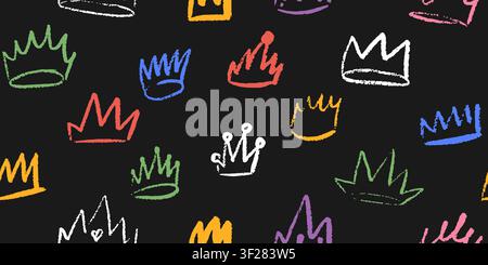 Crayon doodle crown seamless pattern. Hand drawn queen or king crowns background Stock Vector
