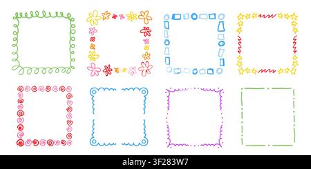 Hand drawn square frames collection. Colorful borders with doodle scribbles. Funny crayon frame vector set Stock Vector
