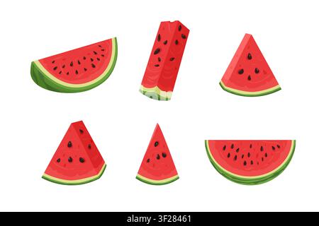 Sliced ripe watermelon. Red sweet watermelon slices with black seeds Stock Vector