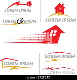 Set of house and home logo templates with lightning bolt and speed elements. Stock Vector