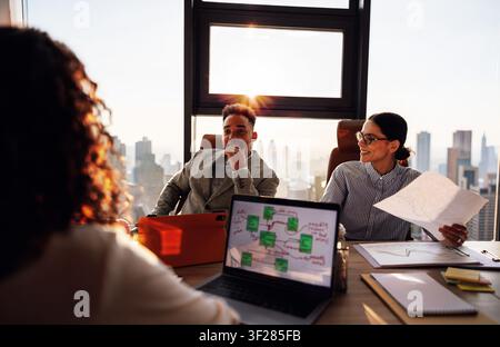 Golden hour strategy session with diverse professionals reviewing charts and flowcharts in a high rise boardroom overlooking a glowing city skyline Stock Photo