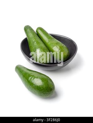 Avocado Isolated, Whole Avokado Set, Three Green Avocados Pile, Fresh Alligator Pear, Guacamole Ingredient, Long Avocado Fruit on White Background Stock Photo