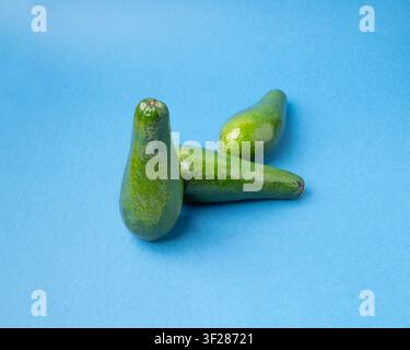 Avocado Isolated, Whole Avokado Set, Three Green Avocados Pile, Fresh Alligator Pear, Guacamole Ingredient, Long Avocado Fruit on Blue Background Stock Photo