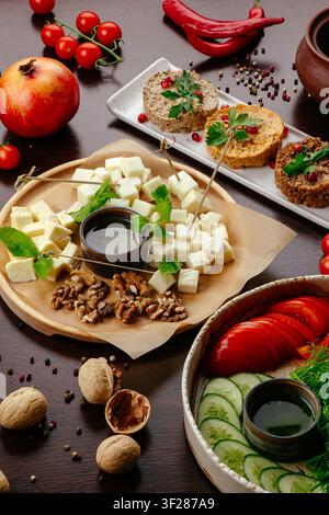 Assorted Georgian appetizers on a wooden table Stock Photo