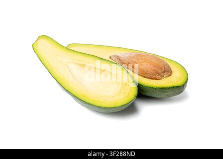 Avocado Isolated, Whole Avokado, Green Avocados Slice, Fresh Alligator Pear, Guacamole Ingredient, Long Avocado Fruit on White Background Stock Photo