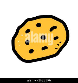 Doodle cookie with chocolate chips drawn in simple hand made style. Color outline bakery snack isolated on white background. Sweet food element for me Stock Vector