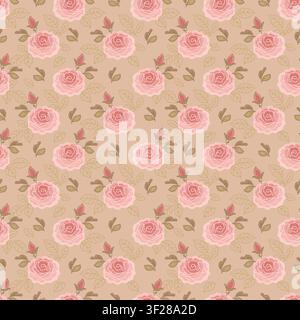 Seamless Vintage Pink Roses Floral Pattern with Delicate Leaves Stock Vector