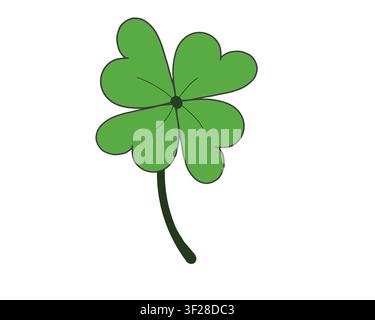 Hand-drawn green four leaf clover with a curved stem and bold outline, isolated on a white background. Stock Photo