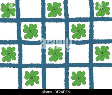 Green four leaf clovers on a balanced blue and white checkerboard grid with a torn-paper texture, more densely spaced than the coordinating set. Stock Photo