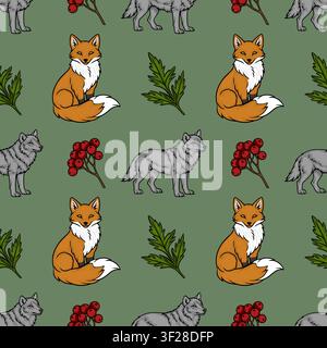 Seamless vector pattern with cute foxes and grey wolves on a sage green background, forest berries and leaves illustration Stock Vector