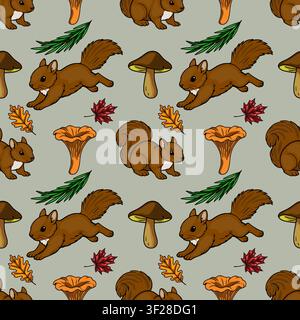 Seamless vector pattern with cute forest squirrels, mushrooms, and autumn leaves on a grey background Stock Vector