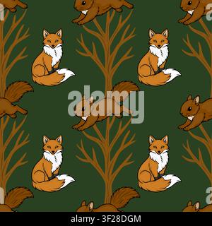 Seamless vector pattern with cute woodland animals, foxes and squirrels in a forest on a dark green background Stock Vector
