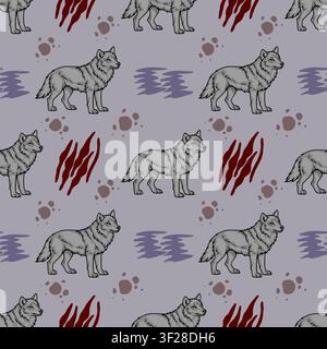 Seamless vector pattern featuring stylized grey wolves with paw prints and claw marks on a muted background Stock Vector