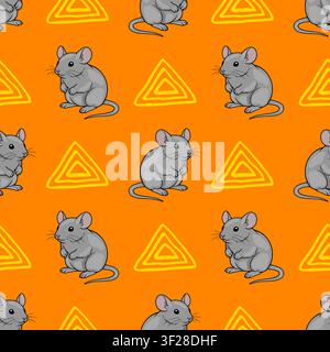 Seamless vector pattern with cute cartoon gray mice and yellow triangles on an orange background Stock Vector