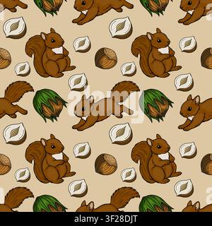 Seamless vector pattern with cute cartoon squirrels and hazelnuts on a light beige background Stock Vector