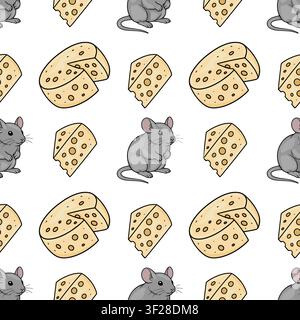 Seamless vector pattern with cute gray mice and Swiss cheese wedges on a white background Stock Vector