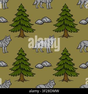 Seamless vector pattern with grey wolves, evergreen pine trees and stones on olive green background Stock Vector