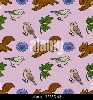 Seamless vector pattern featuring cute woodland squirrels and little birds with chicory flowers and green leaves on a pastel pink background. Stock Vector