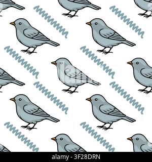 Seamless vector pattern with cute cartoon blue birds and wavy lines on a white background Stock Vector