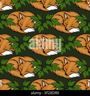 Seamless vector pattern with cute sleeping foxes and green forest leaves on dark background Stock Vector