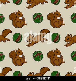 Cute squirrel and chestnut seamless vector pattern for autumn nursery decor Stock Vector