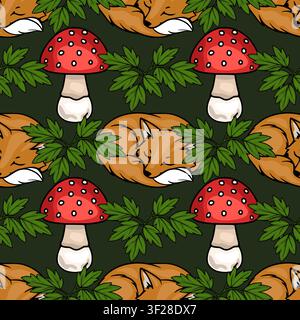 Seamless vector pattern with cute sleeping foxes, red amanita mushrooms and green leaves on dark background Stock Vector