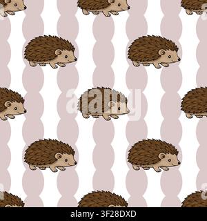 Seamless vector pattern with cute cartoon hedgehogs on a decorative pastel wavy background Stock Vector