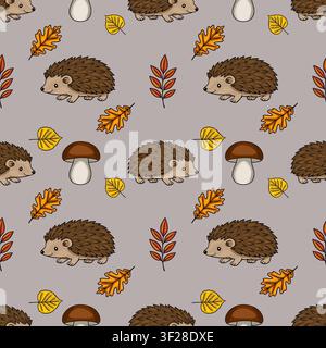 Seamless vector pattern with cute hedgehogs and autumn leaves Stock Vector